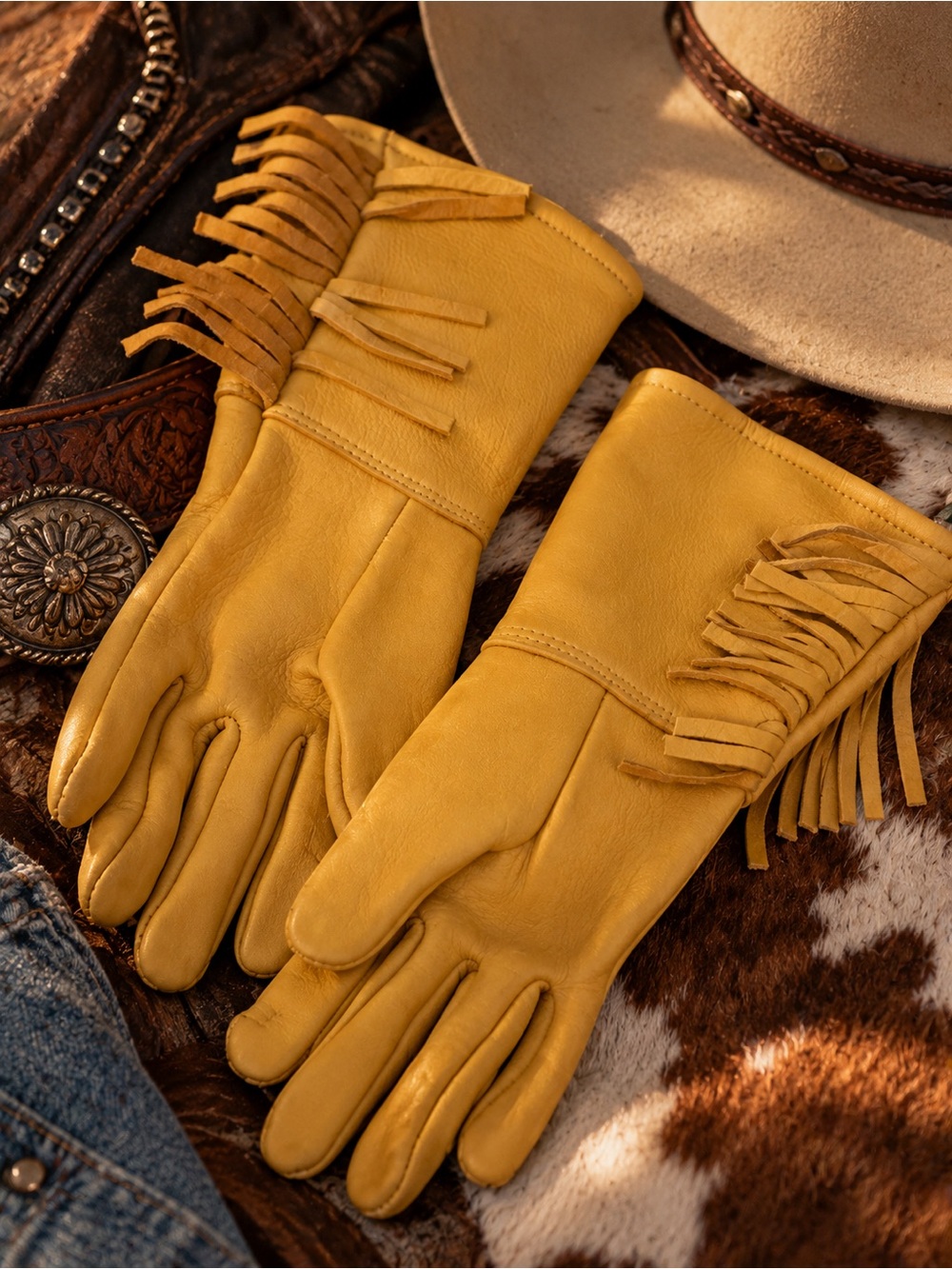 Vtg Western Fringed Deerskin Leather Gauntlet Gloves Made In USA Biker Size XS